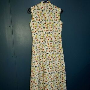 𝅺Retro vintage look buttondown mock neck colorful midi dress Medium